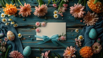 Rustic Easter Card with Painted Eggs and Spring Flowers.