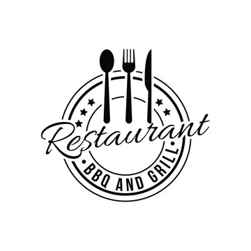 Restaurant bbq and grill logo design vintage retro label circle with knife, fork and spoon icon