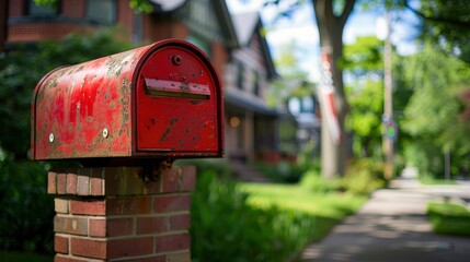 Red mailbox against a duplex home background