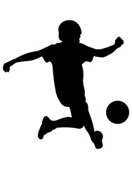 Junior soccer player, silhouette of boy with ball. Vector illustration