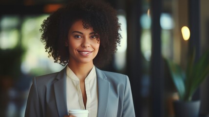 black woman in suit having coffee in the office