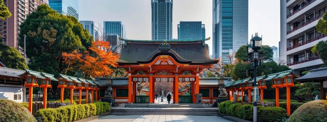  Metropolis Shinto shrine nestled among the skyscrapers of a modern Japanese city, blending ancient tradition with contemporary urban life, with visitors paying their respects.