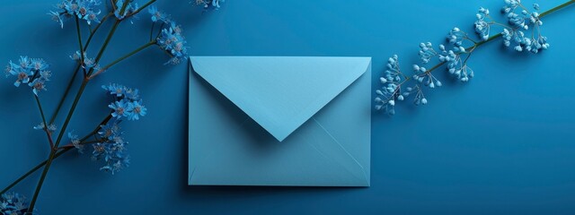 Subtle Elegance, A Blue Envelope Resting on a Matching Blue Background, Exuding Harmony and Simplicity