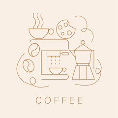Hand drawn illustration of Bakery and Coffee. Abstract geometric line background. Pattern for cover design, food package, menu, background, café wall, coffee shop, web banner
