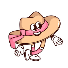Groovy straw hat cartoon character with pink ribbon. Funny retro summer garden hat with smile on face, old accessory mascot, cartoon headgear for gardening sticker of 70s 80s style vector illustration