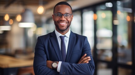 Fototapeta premium African American businessman with arms crossed in office