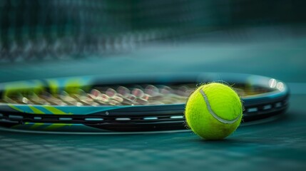Tennis racket and ball on the tennis court.