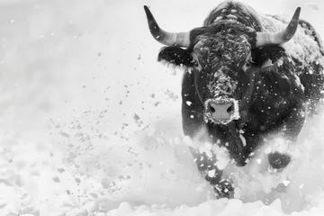 Poster Bull running through the snow, black and white. © WaxWing_Ai