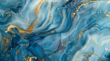 Abstract blue and gold acrylic pour painting with glitter accents. Abstract ocean waves and golden...