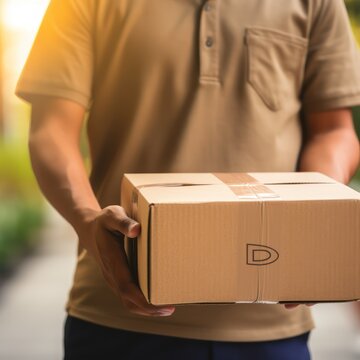 The hands of the delivery man carry the package to deliver. Delivery man's hand holding brown box, transport truck background Detail of a delivery man holding a labeled cardboard package.