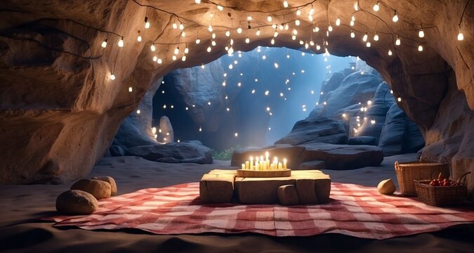 Compose an image of a picnic blanket spread under a captivating rock formation within the cave, with fairy lights draped overhead. Emphasize the realistic play of light and shadows-Ai Generative