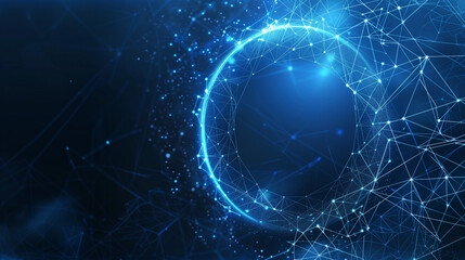 High-tech blue background. A ball or planet surrounded by virtual molecular bonds with nodes.
