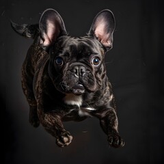 A black French Bulldog with blue eyes is captured in mid-air in a high contrast detailed studio portrait showcasing the dogs playful and energetic personality in black and white