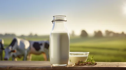 Foto op Plexiglas Glass bottle with fresh milk on a wooden table © sema_srinouljan