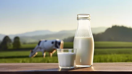  Glass bottle with fresh milk on a wooden table © sema_srinouljan