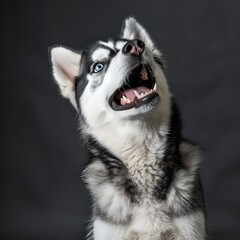 A husky dog looking straight up at the camera in a studio with a black background showcasing its playful and dynamic facial expressions with its mouth open and silver and azure tones