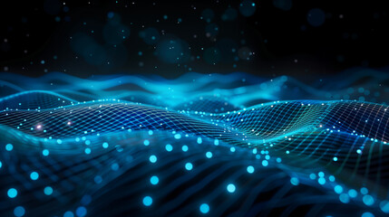 Abstract neon blue web with luminous dots on black background
