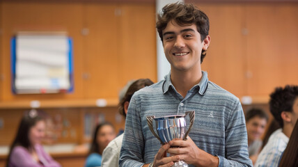 A male student proudly holding a trophy in front of the classroom, symbolizing achievement, recognition, or success in an academic or extracurricular endeavor. - obrazy, fototapety, plakaty