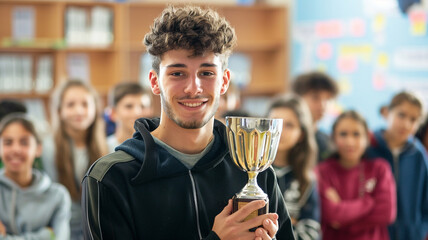 A male student proudly holding a trophy in front of the classroom, symbolizing achievement, recognition, or success in an academic or extracurricular endeavor.