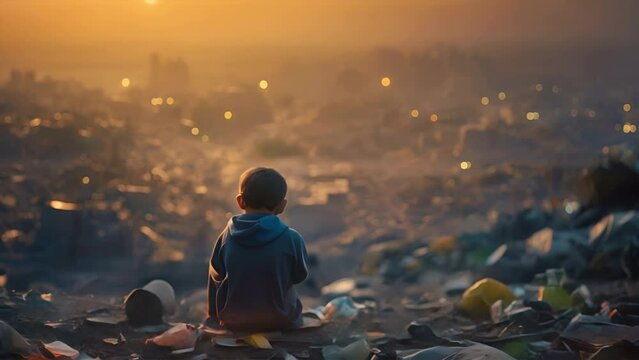 Back Of Sad Child Boy Sit Looking At A Lot Of Plastic ,generative Ai.