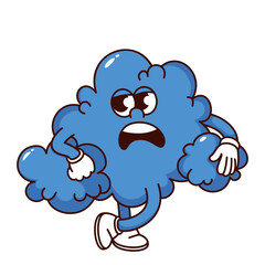 Groovy blue cloud cartoon character with displeased expression. Funny retro dissatisfied rain cloud with negative emotion, cloudy weather mascot, cartoon sticker of 70s 80s style vector illustration