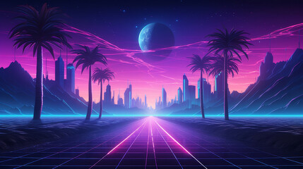 Naklejka premium 80s Retro Sci-Fi Synthwave Background with Cityscape and Palm Trees