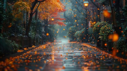 A natural landscape with leaves falling in a rainy park - obrazy, fototapety, plakaty