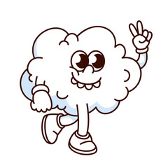 Groovy cloud cartoon character with hippie gesture of victory and peace. Funny retro white cloud smiling with teeth, cloudy weather mascot, cartoon sticker of 70s 80s style vector illustration