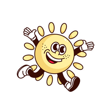 recommend clip art: Groovy happy sun cartoon character running with hands up. Funny retro excited yellow sun with sunbeams in hurry to sky, sunny weather mascot, cartoon sticker of 70s 80s style vector illustration