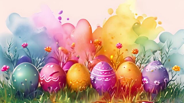 Cheerful watercolor animation of Easter eggs and fresh flowers.