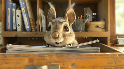 Cheerful squirrel with large eyes looks over a pile of papers on an office desk, surrounded by shelves of binders