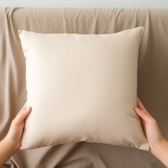 Hands adjusting a square white throw pillow on a neutral beige sofa soft beige background blank mock-up products suitable for brand photography.