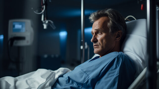 Middle-aged man lying sick in a hospital bed