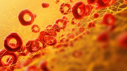 
Blood Clot Formation: Aggregated cells and fibrin, set against a warning yellow background, highlighting the clotting process