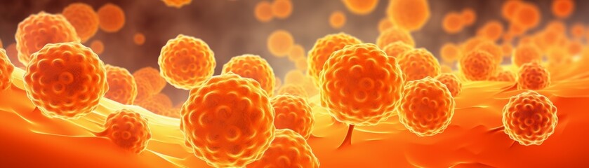 A microscopic view of abnormal white blood cells, known as leukemia cells, set against a warning orange background, indicating danger and the presence of disease.
 - obrazy, fototapety, plakaty