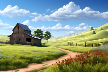 Rural Tranquility: A charming countryside scene with a rustic barn, rolling hills, and a clear blue sky.

