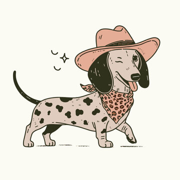 Dachshund wear cowboy hat and leopard print scarf, Funny and Cool, Minimal T-Shirt design for Coffee Lover, Svg Eps Vector illustration