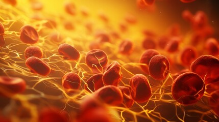 
Blood Clot Formation: Aggregated cells and fibrin, set against a warning yellow background, highlighting the clotting process - obrazy, fototapety, plakaty