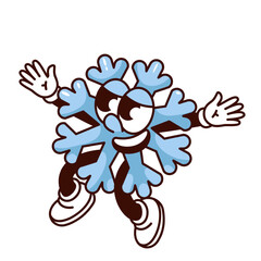 Groovy happy snowflake cartoon character jumping fun. Funny retro blue snowflake running on winter holiday, snow and snowy weather mascot, cartoon snowfall sticker of 70s 80s style vector illustration