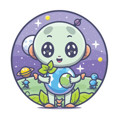 Fototapeta premium 2d vector illustration chibi cute alien, holding sphere earth plant , full body , clean shape and line, white background, random moon background 