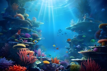 Fototapeta na wymiar Underwater Wonderland: Coral reefs teeming with vibrant marine life, showcasing the mesmerizing world beneath the waves.