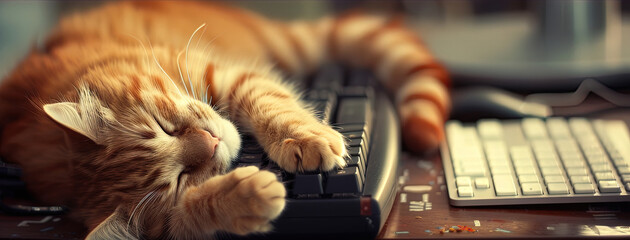 A domestic cat is sprawled comfortably on top of a computer keyboard, occupying the keys with its...