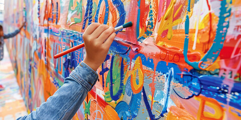 close up hand of children paint on a large mural art painted wall background. kids painting in wall