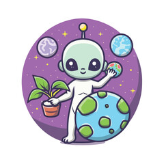 2d vector illustration chibi cute alien, holding sphere earth plant , full body , clean shape and line, white background, random moon background
