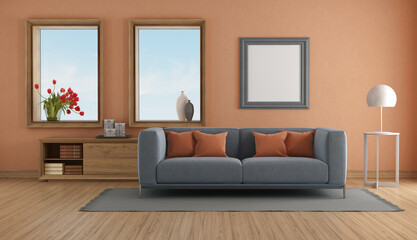 Modern living room interior with elegant blue sofa