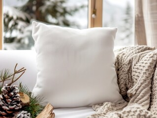 Square white throw pillow in a cozy winter cabin setting snowy white background blank mock-up products suitable for brand photography.