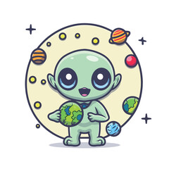 Fototapeta premium 2d vector illustration chibi cute alien, holding sphere earth plant , full body , clean shape and line, white background, random moon background 
