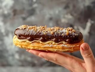 A single hand holding a gourmet eclair with a metallic silver background for elegance.