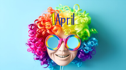 April paper word sign with  clown colorful spectrum paint brush strokes over  blue background 
 - obrazy, fototapety, plakaty
