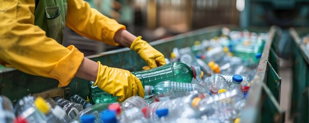 Environmental Stewardship, Worker Sorting Recyclable Plastic Bottles at a Recycling Facility, Contributing to Sustainable Practices - obrazy, fototapety, plakaty